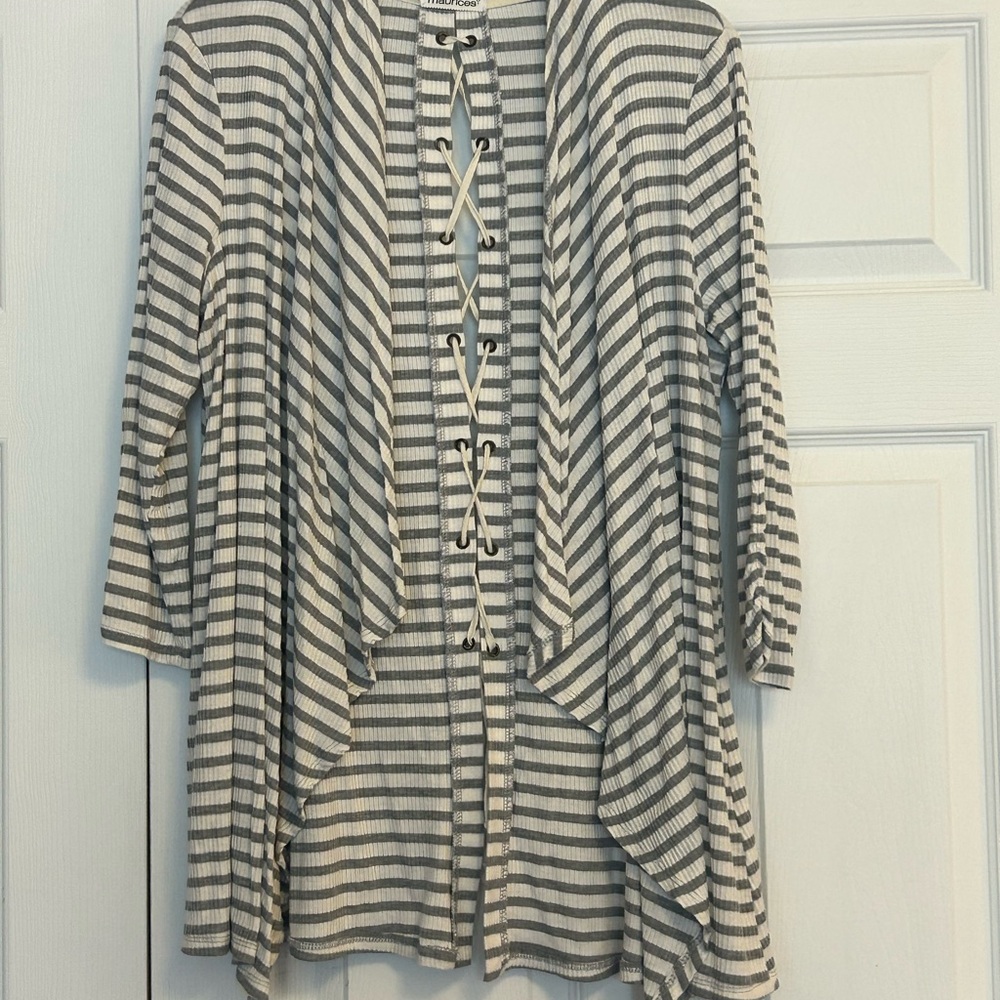 Maurices Gray and White Lace-Up Cardigan